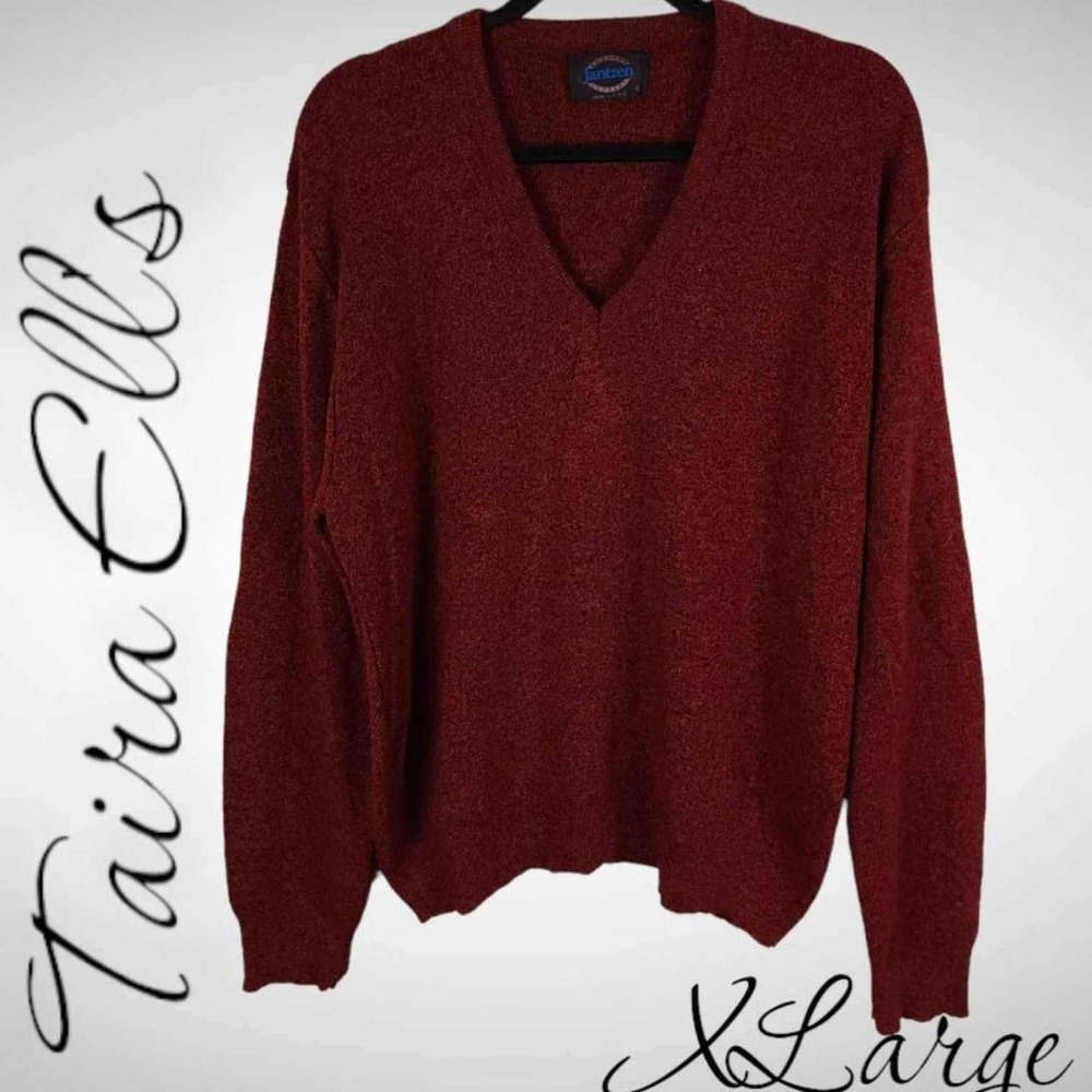 Vintage Jantzen Mens V-Neck Knit Sweater Made in USA Burgundy Marl XL L